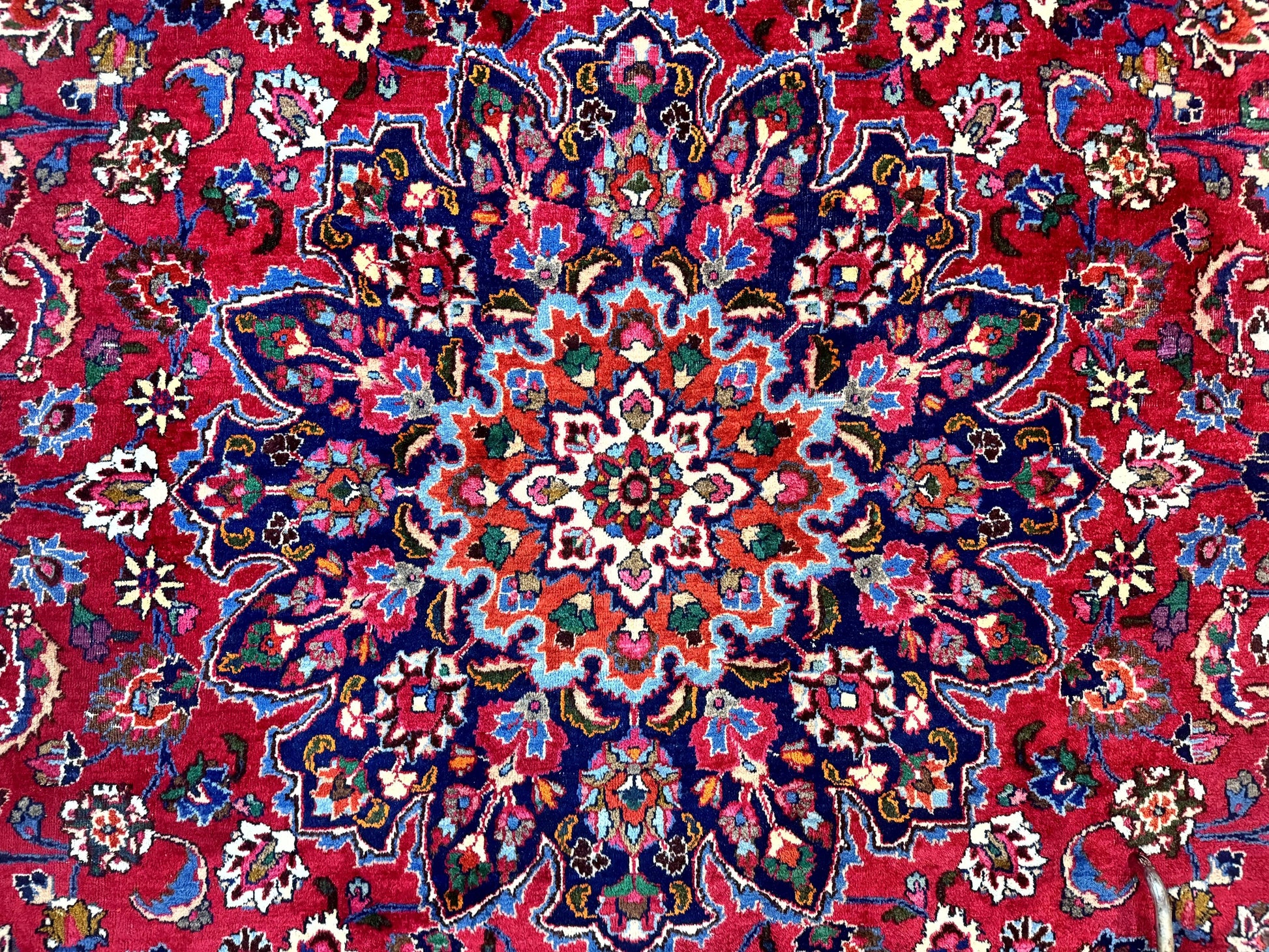 Antique Persian Mashad Rug 10x13, Red and Navy Blue, Great Colors, Signed By Masterweaver, Floral Medallion, Handmade Wool Persian Carpet - Nuvé