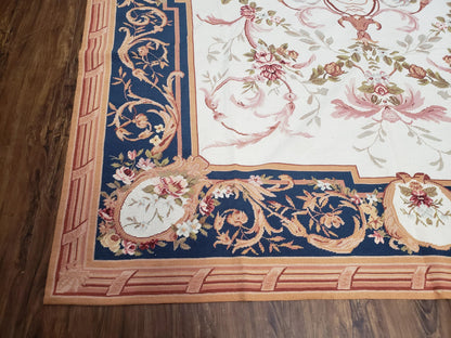 Chinese Aubusson Savonnerie Area Rug 6x8, Vintage Hand-Woven Needlepoint Rug, Flat Weave Handmade Wool Carpet Living Room Ivory & Navy Blue - Nuvé