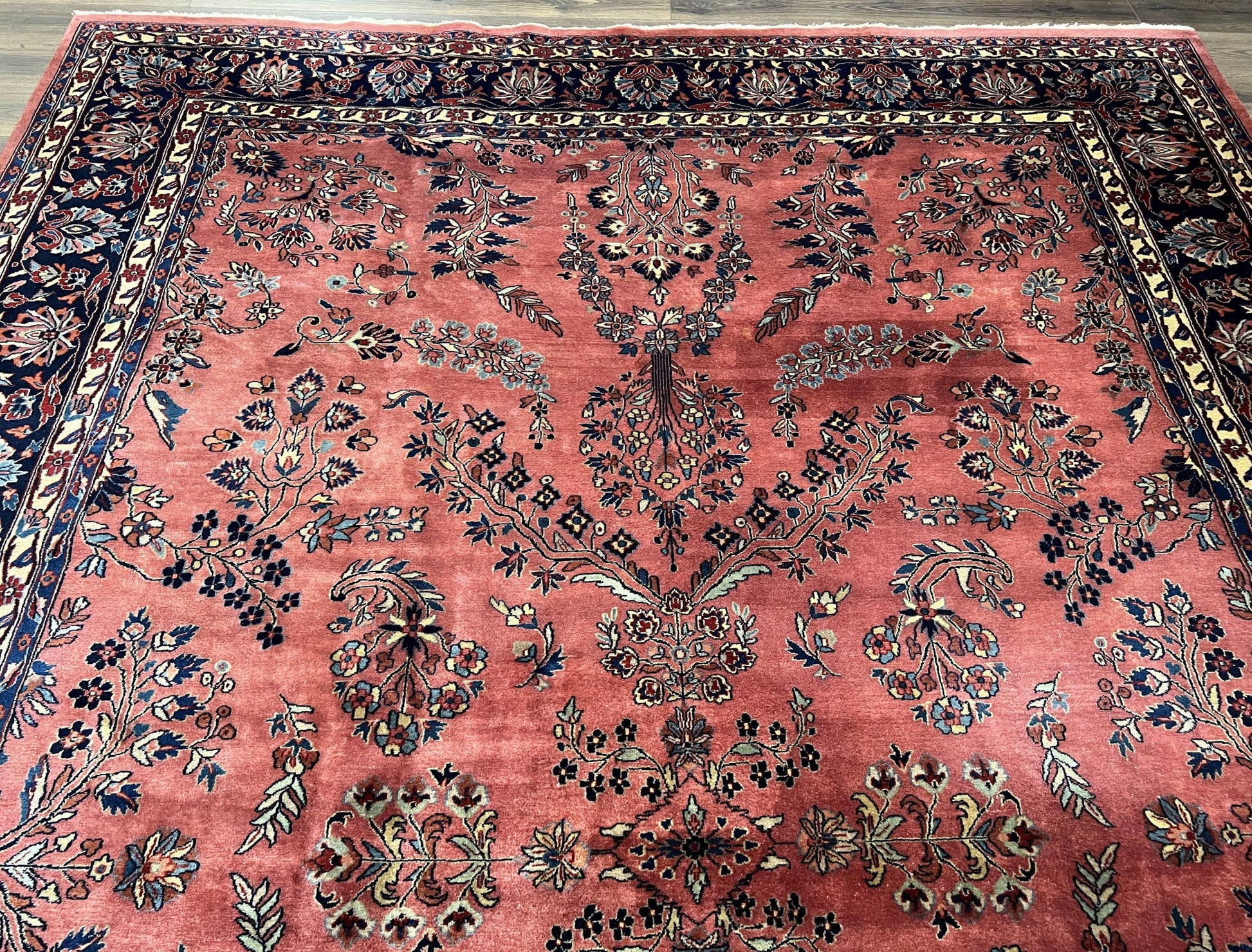 Indo Sarouk Rug 10x14, Vintage Indian Persian Area Rug 10 x 14, Wool Hand-Knotted Oriental Carpet, Red Floral Allover Large Rug, Beautiful - Nuvé