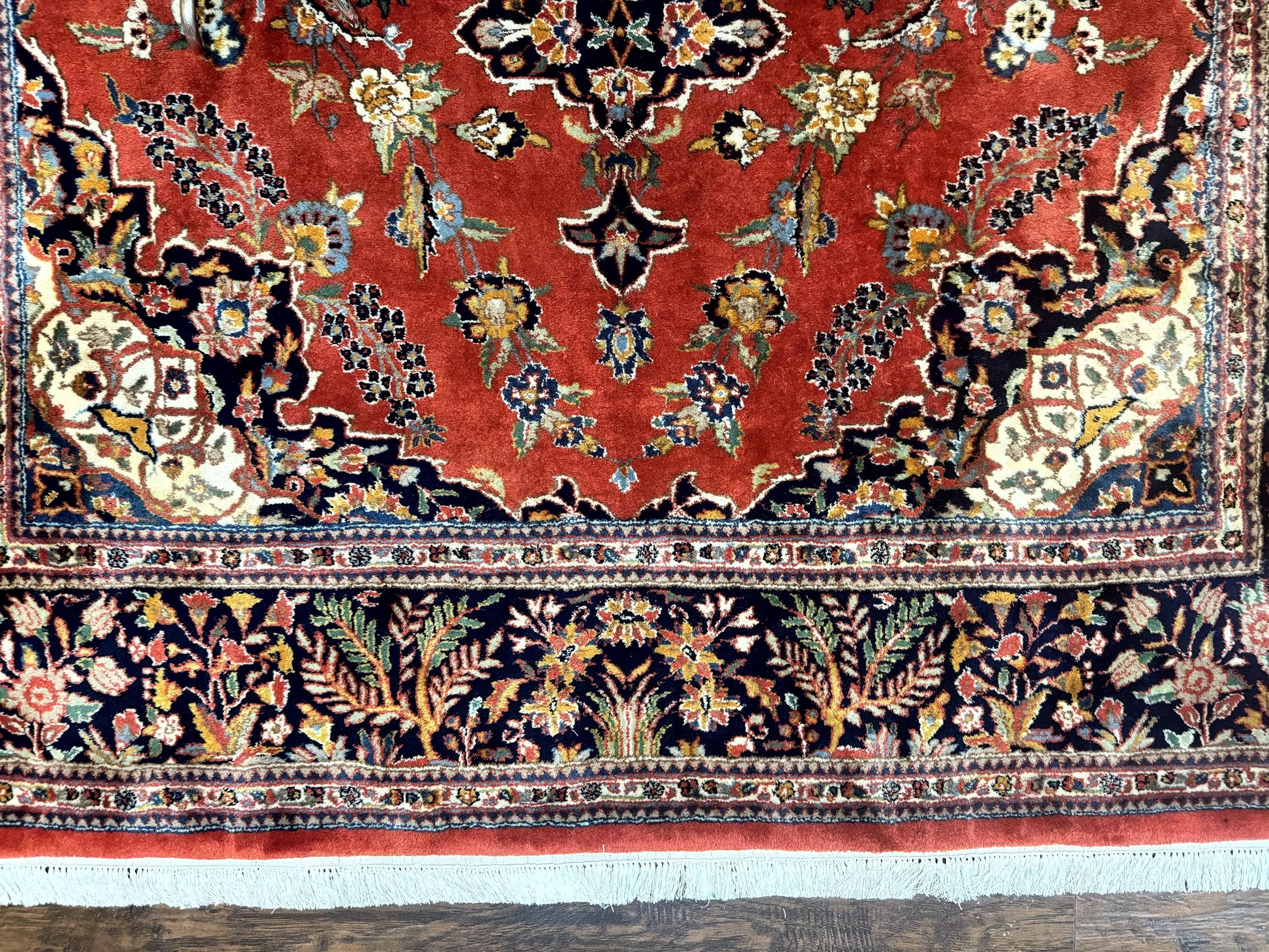 Indo Persian Rug 7x10, Vintage Handmade Wool Carpet, Floral Medallion Traditional Rug, Red and Midnight Blue - Nuvé