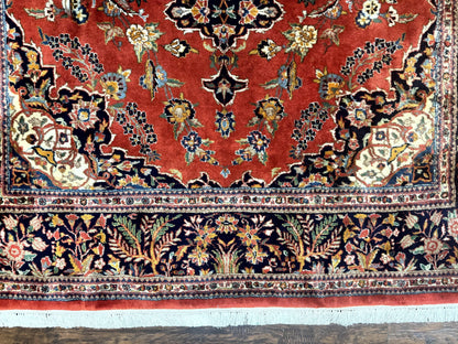 Indo Persian Rug 7x10, Vintage Handmade Wool Carpet, Floral Medallion Traditional Rug, Red and Midnight Blue - Nuvé