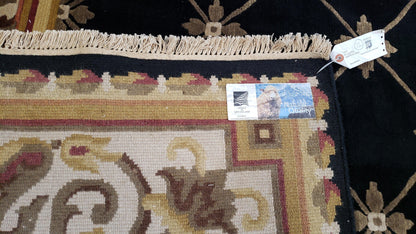 Nepal Rug 6x9, New Aubusson Nepalese Tibetan Carpet 6'1" x 8' 8", Hand-Knotted Wool, Unused, Black & Cream, Savonnerie Pattern, Soft Pile - Nuvé