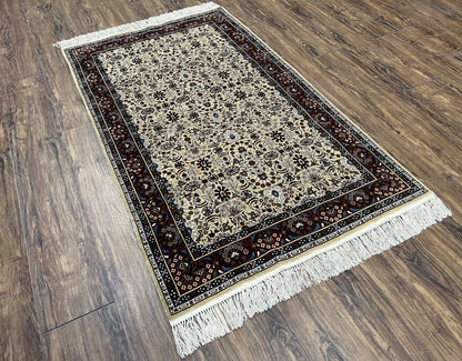 Fine Sino-Persian Silk Rug 3x5, High Quality Silk Carpet, Handmade Small Silk Rug, Allover Repeated Motif, Tan Maroon Blue Vintage Silk Rug - Nuvé