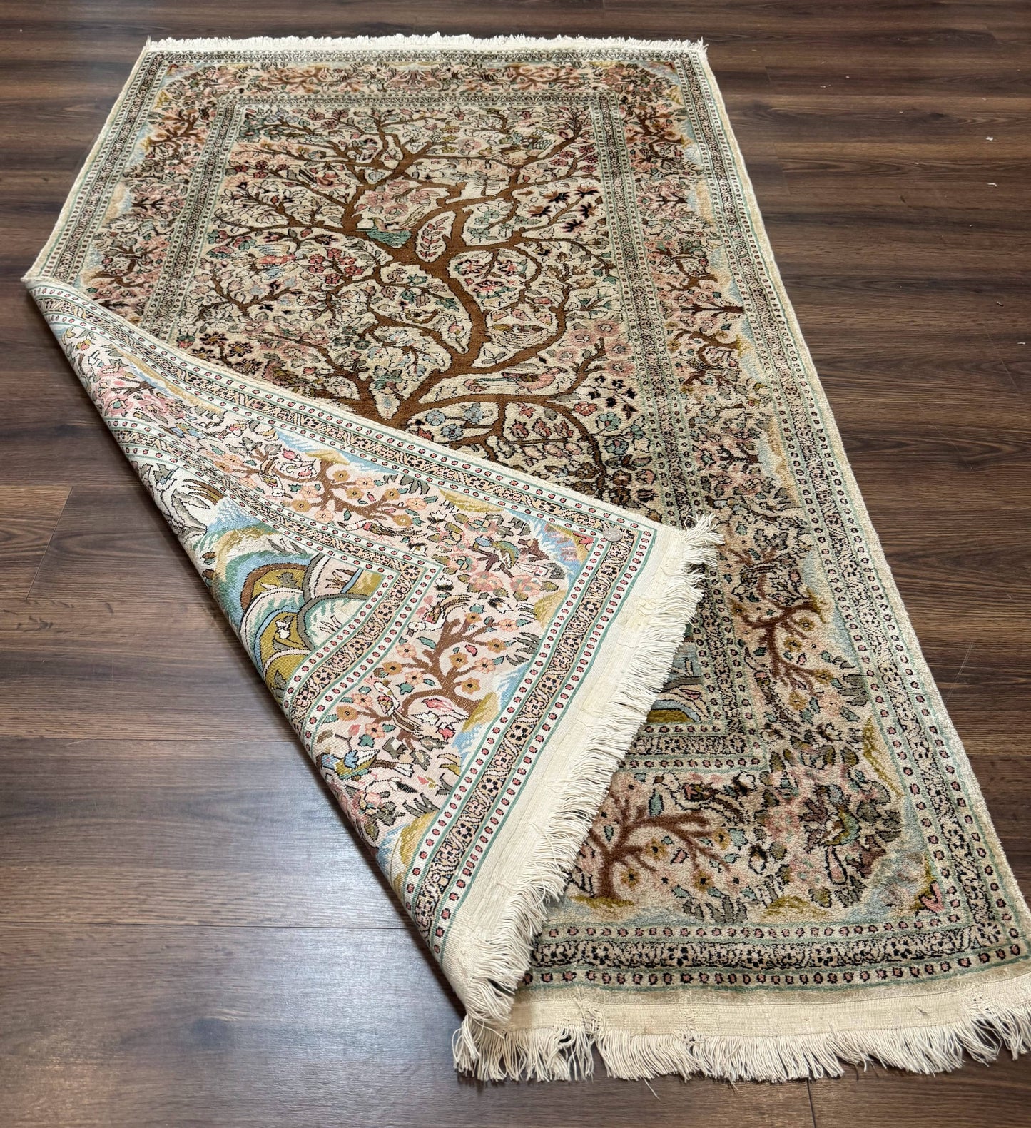 Indian Kashmiri Silk Rug 4x7, Tree of Life Design, Very Fine 380 KPSI, Birds - Nuvé