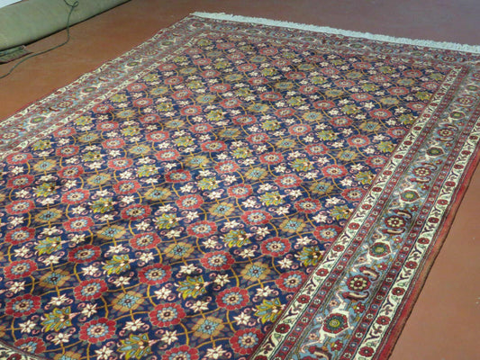 Navy Blue Antique Persian Rug 7x11, Veramin Mina Khani Repeated Allover Pattern, Vintage Authentic Hand Knotted Handmade Wool Room Sized Carpet - Nuvé