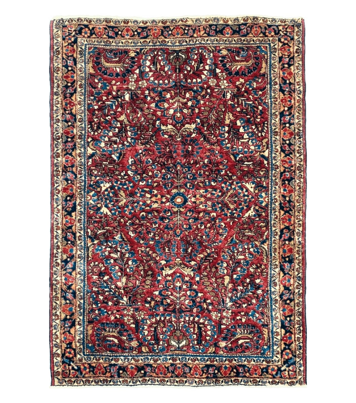 Antique Persian Sarouk Rug, Red, Allover Floral Pattern, Hand-Knotted, Wool, 3'4" x 4'10"