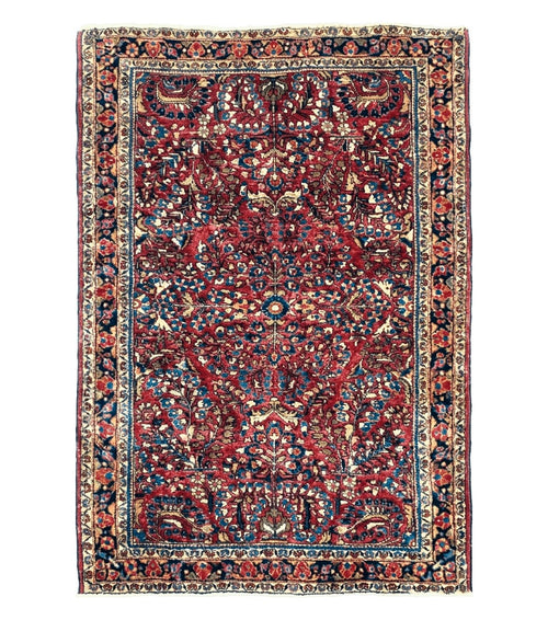 Antique Persian Sarouk Rug, Red, Allover Floral Pattern, Hand-Knotted, Wool, 3'4" x 4'10"