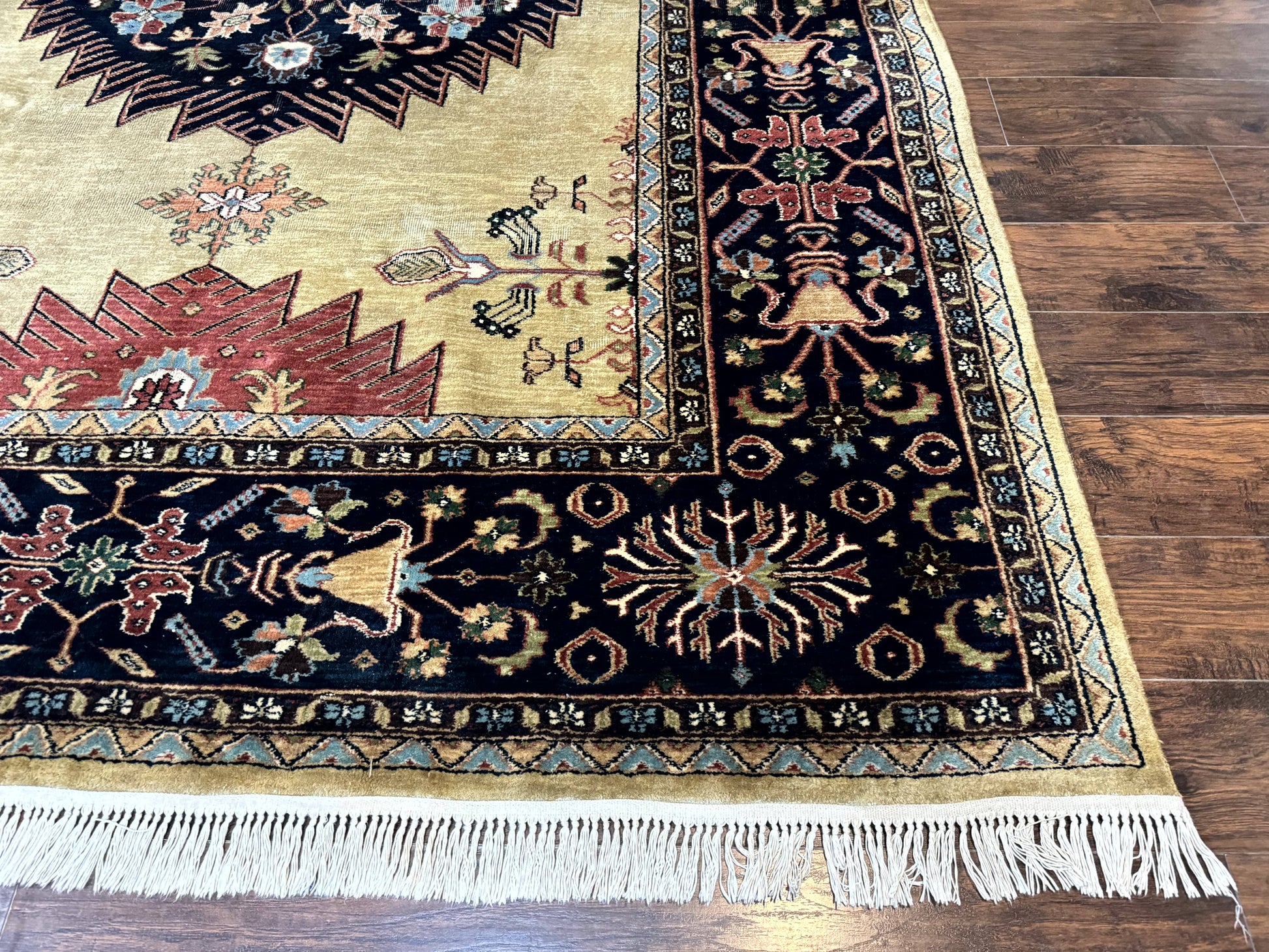 Indo Persian Heriz Rug 8x12, Camel Hair Tan and Navy Blue, Decorative - Nuvé