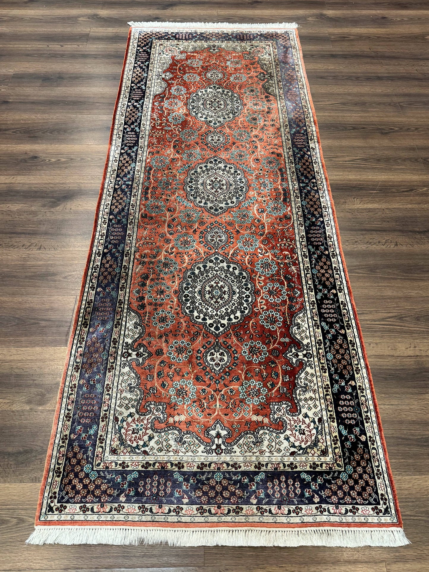 Turkish Silk Runner Rug 3x8, Short Runner Rug, Red, Floral Medallions, Very Fine 360 KPSI, 3 x 8 Runner - Nuvé