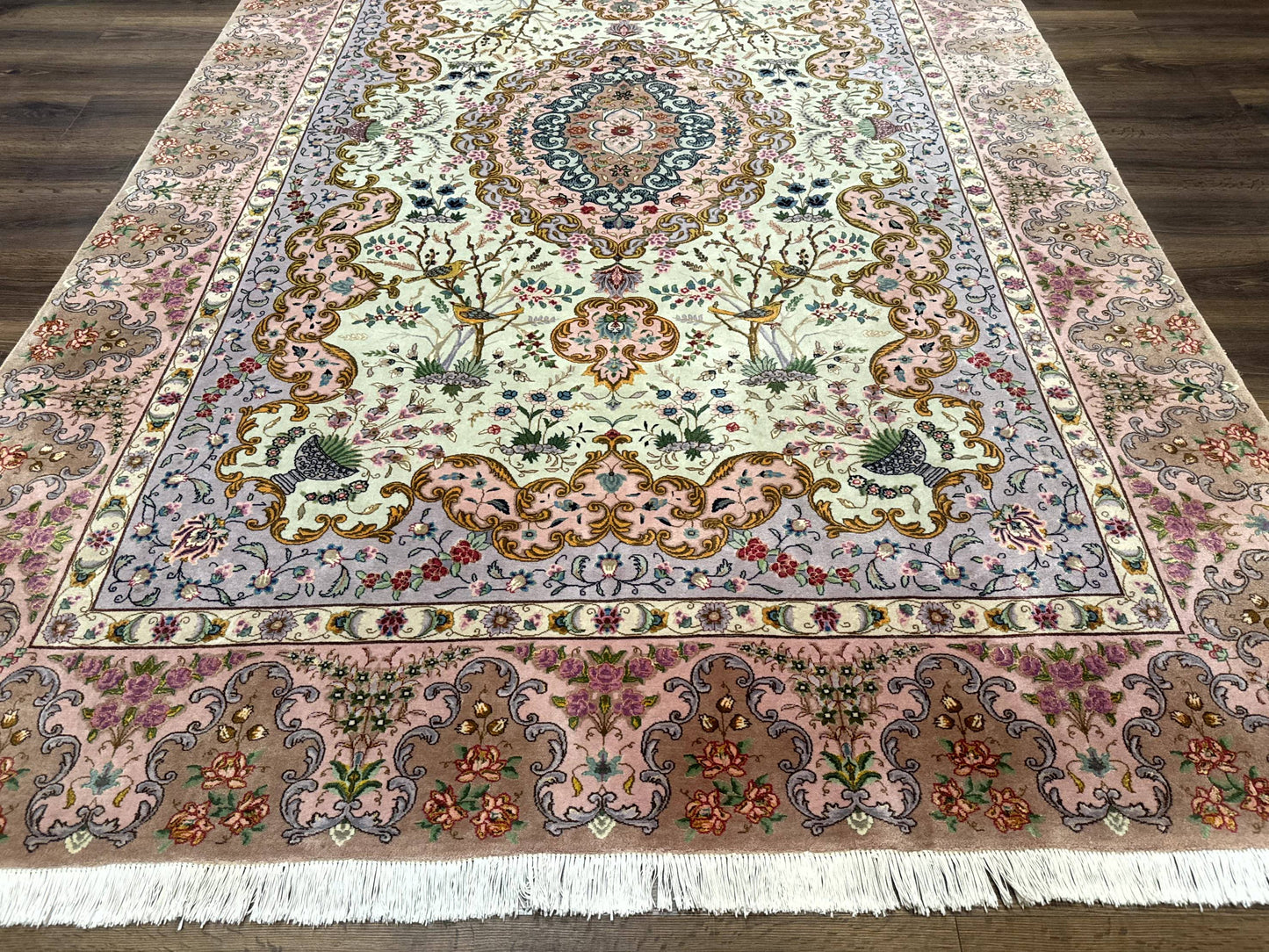 Wonderful Persian Tabriz Rug 7x10, Very Fine 330 KPSI, Light Green Light Blue Pink, Kork Wool Silk Foundation, Bird Pictorials - Nuvé