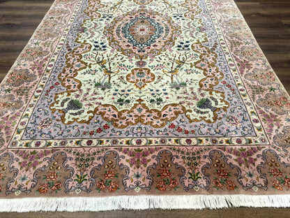 Wonderful Persian Tabriz Rug 7x10, Very Fine 330 KPSI, Light Green Light Blue Pink, Kork Wool Silk Foundation, Bird Pictorials - Nuvé