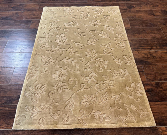 Modern Tibetan Rug 3.7 x 5.5, Carved Floral Design, Wool and Silk Highlights - Nuvé
