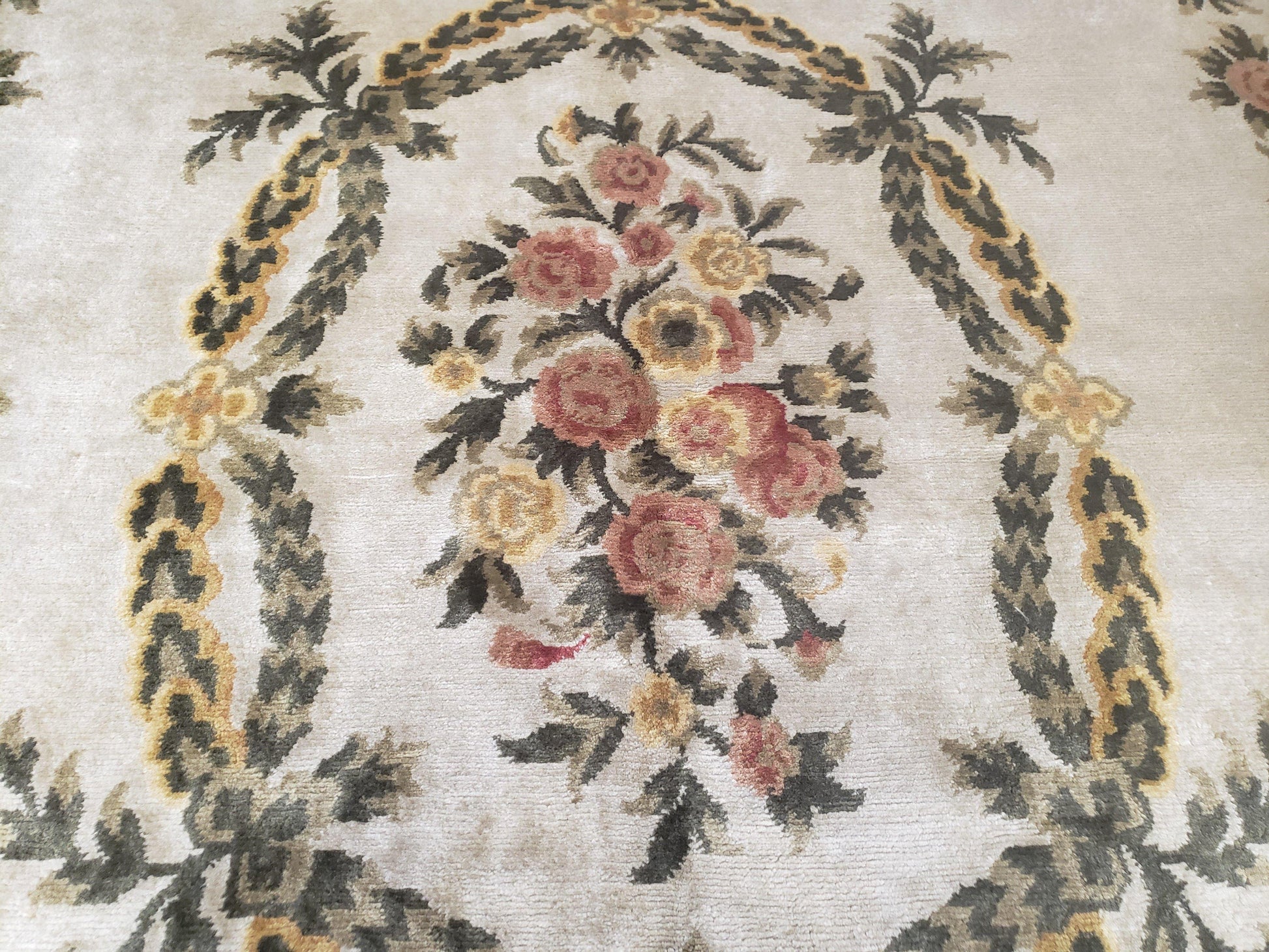 Aubusson Rug 10x14, Elegant French European Design, Vintage Handmade Carpet with Pile, Beige Floral Dining Room Rug, Living Room, Soft Wool - Nuvé