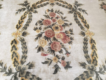 Aubusson Rug 10x14, Elegant French European Design, Vintage Handmade Carpet with Pile, Beige Floral Dining Room Rug, Living Room, Soft Wool - Nuvé