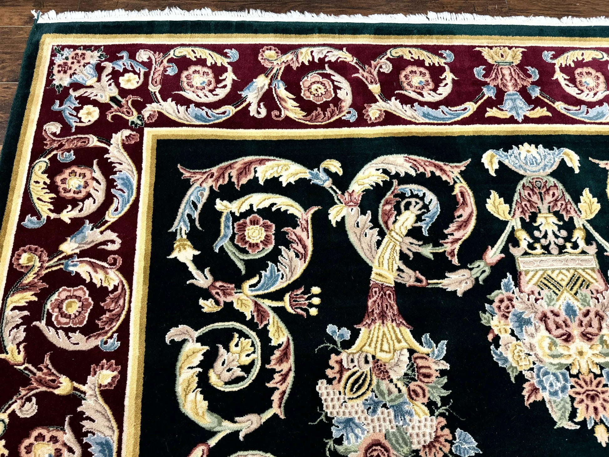 Aubusson Rug 9x12, Dark Green, European Design, Vintage Fine Handmade Carpet, Elegant - Nuvé