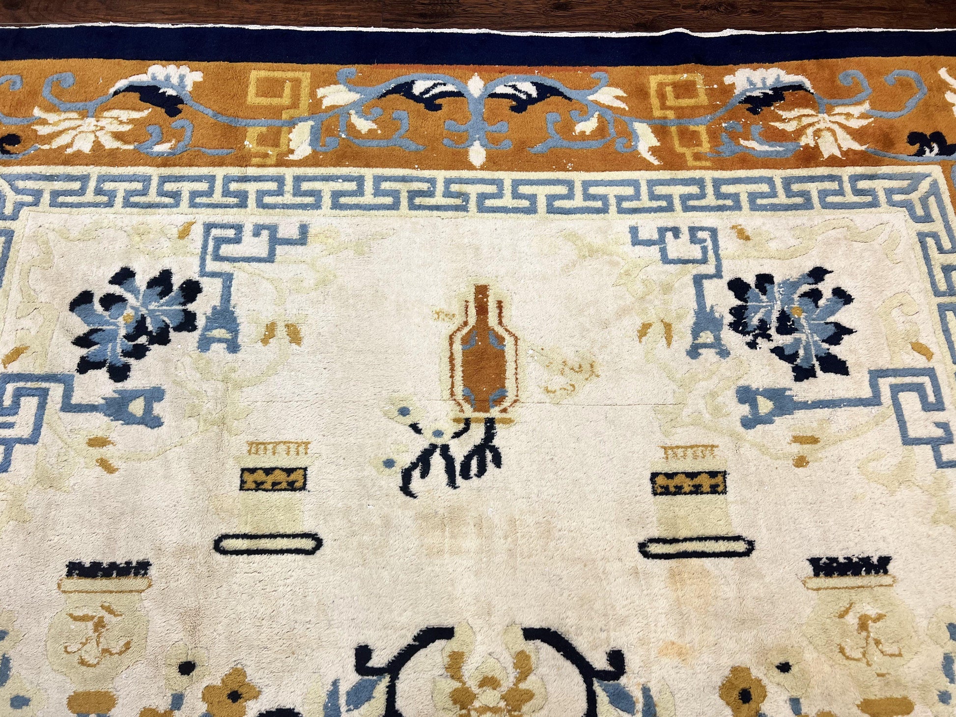 Indo Chinese Rug 9x12, Asian Oriental Carpet 9 x 12, Cream & Burnt Orange, Handmade Wool Vintage Art Deco Rug - Nuvé