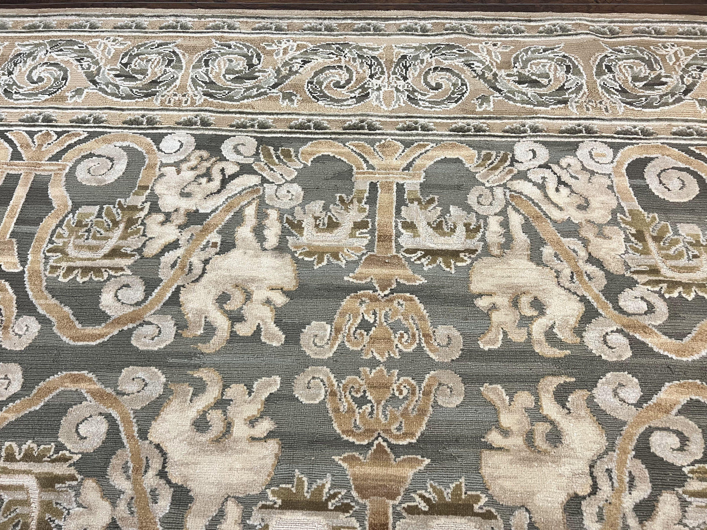 Spanish Rug 11x14, Wool Hand Knotted Vintage Carpet, Olive Green and Beige, Floral Allover, European Design, 11 x 14 Rug - Nuvé