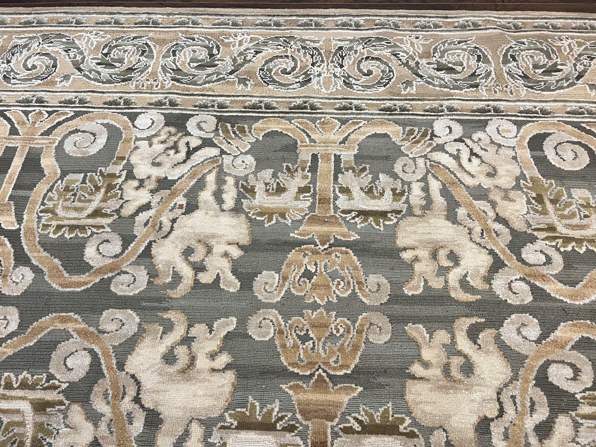 Spanish Rug 11x14, Wool Hand Knotted Vintage Carpet, Olive Green and Beige, Floral Allover, European Design, 11 x 14 Rug - Nuvé