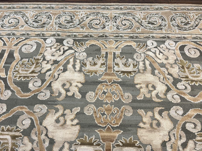 Spanish Rug 11x14, Wool Hand Knotted Vintage Carpet, Olive Green and Beige, Floral Allover, European Design, 11 x 14 Rug - Nuvé
