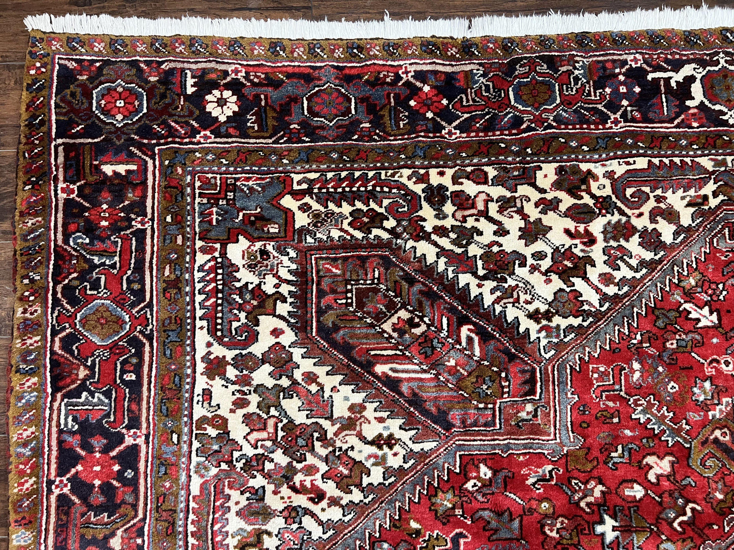 Large Persian Heriz Rug 10x13, Wool Hand Knotted Antique Carpet, Red and Ivory, Geometric Tribal Room Sized Rug, Decorative Oriental Rug