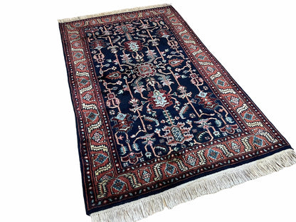 4x6 Vintage Handmade Wool Geometric Rug Organic Dyes Blue Red Hand-Knotted Rug - Nuvé