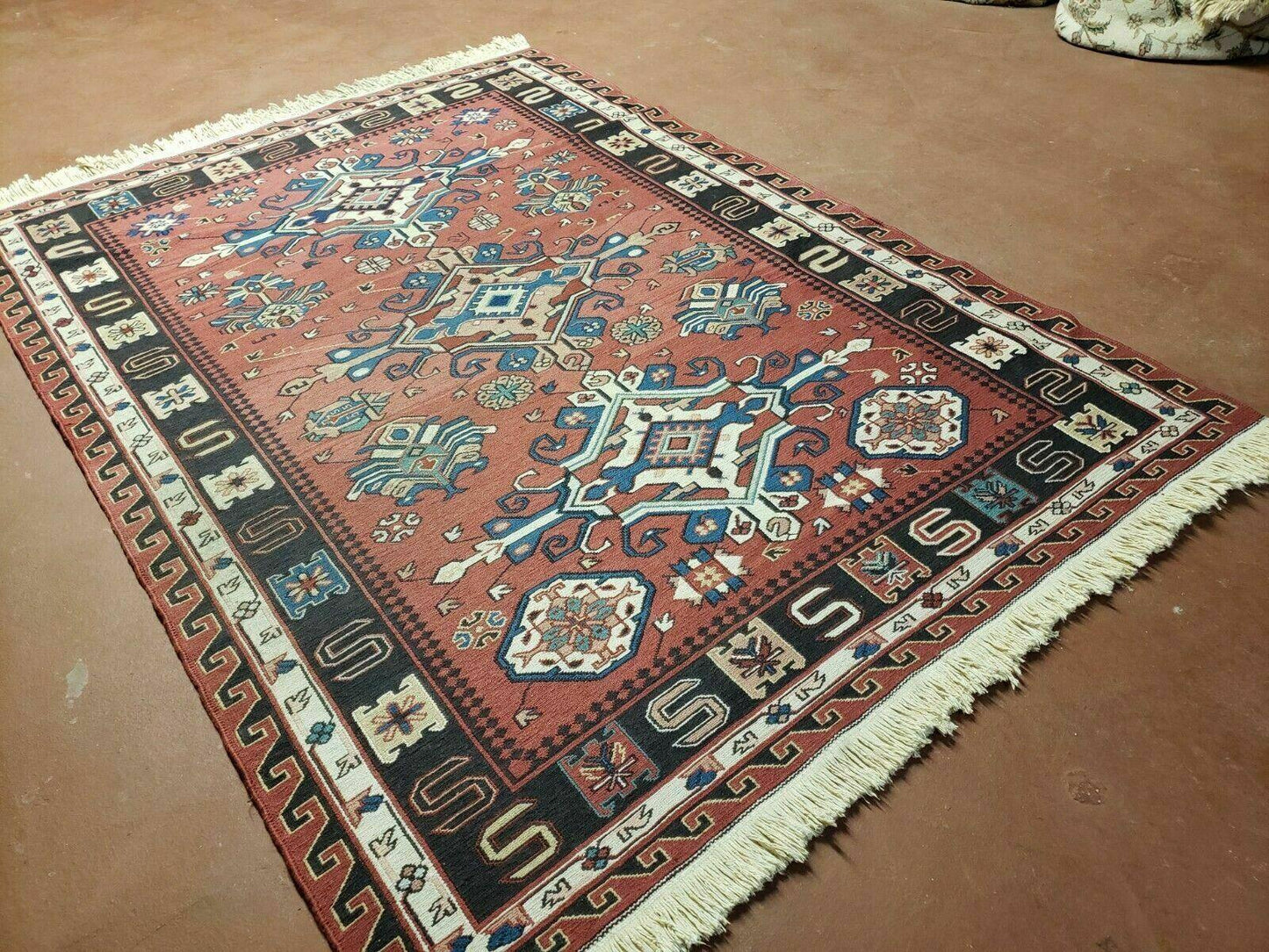 4' X 6' Vintage Russian Kilim Handmade Caucasian Soumak Flat Weave Wool Rug - Nuvé