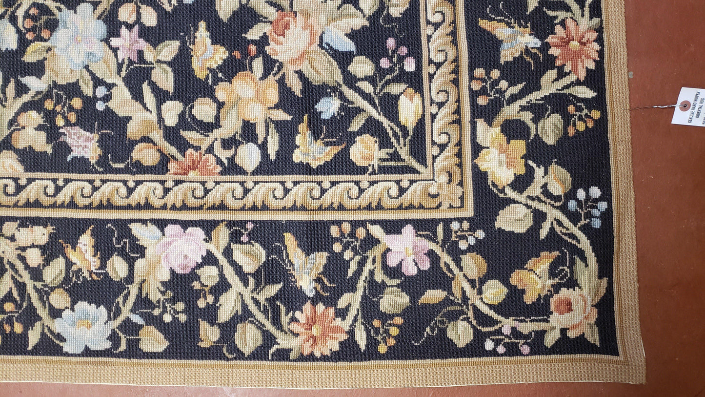 6x9 Vintage Needlepoint Rug Petitepoint Carpet Butterflies Floral Design Dark Brown & Tan 6 x 9 Handmade Flatweave Area Rug - Nuvé