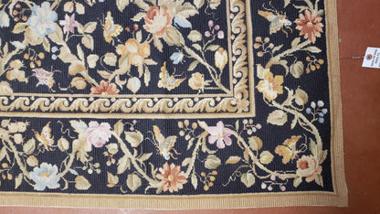 6x9 Vintage Needlepoint Rug Petitepoint Carpet Butterflies Floral Design Dark Brown & Tan 6 x 9 Handmade Flatweave Area Rug - Nuvé