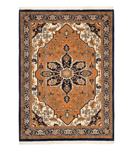 Indo Heriz Rug 6x8, Wool Hand Knotted Vintage Oriental Carpet, Orange-Red Ivory & Navy Blue, Medallion Rug, Handmade Indo Persian Rug