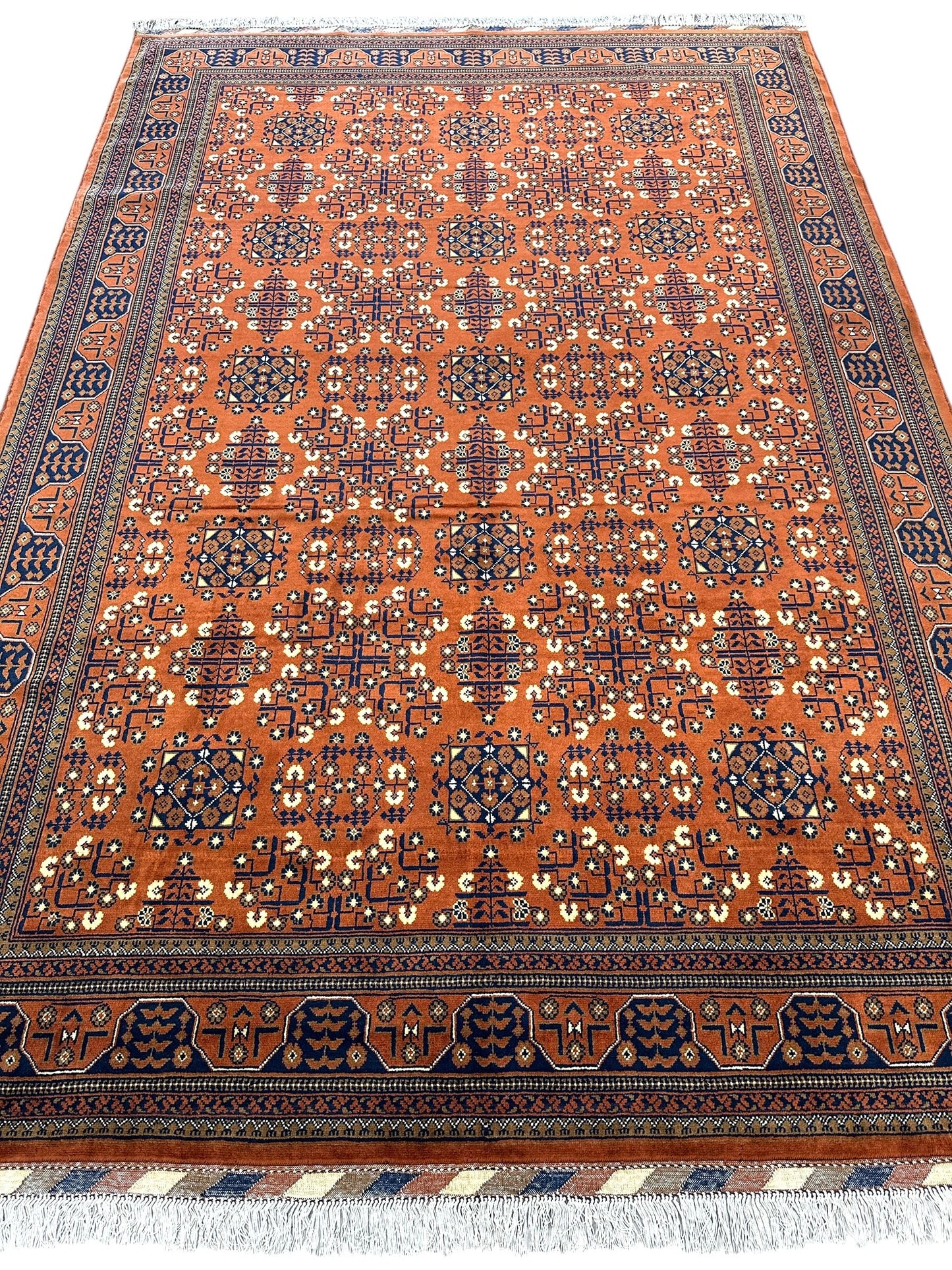 Hand-Knotted Afghani Bukharayi Rug | 6'7" x 10' Wool Area Carpet – Traditional Geometric Design - Nuvé