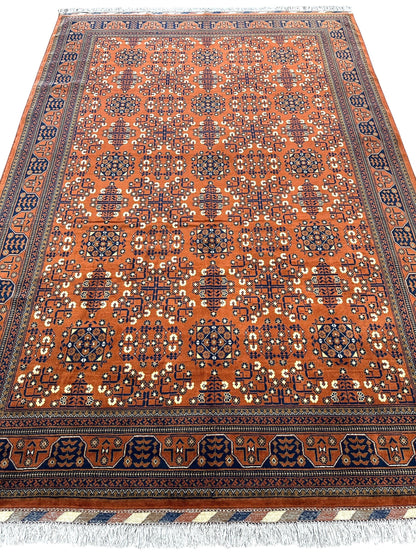 Hand-Knotted Afghani Bukharayi Rug | 6'7" x 10' Wool Area Carpet – Traditional Geometric Design - Nuvé