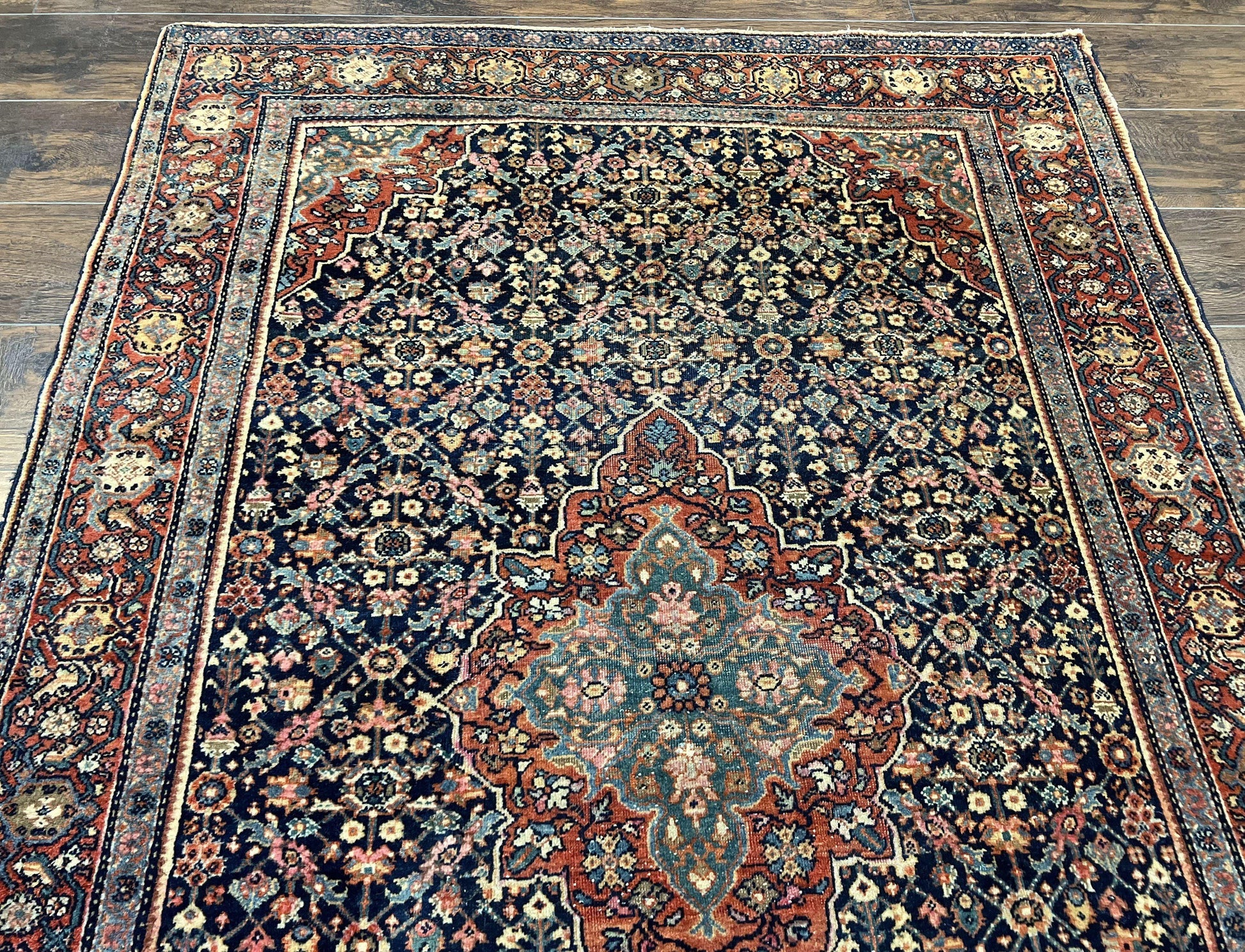 Persian Rug 4x7 Antique Sarouk Farahan Carpet, Navy Blue and Red Wool Rug - Nuvé
