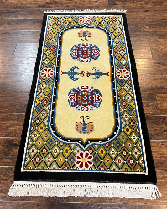 Chinese Rug 3x6 ft, Chinese Wool Rug, Tiensin Rug, Handmade Wool 3 x 6 Vintage Peking Rug, Art Deco Rug, Butterflies - Nuvé
