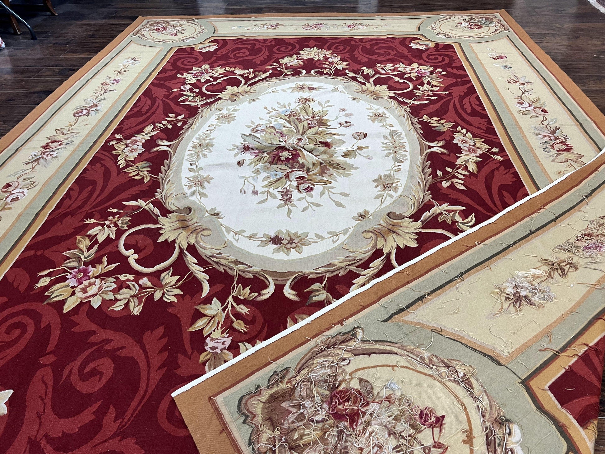 Large Aubusson Rug 10x14, Wool Handmade Vintage Carpet, Dark Red Ivory Tan, French European Elegant Aubusson Weave Rug - Nuvé