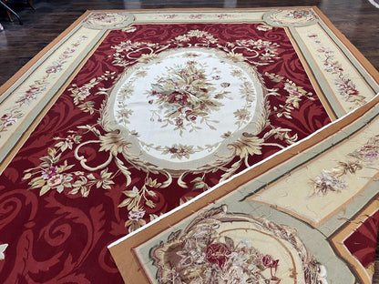 Large Aubusson Rug 10x14, Wool Handmade Vintage Carpet, Dark Red Ivory Tan, French European Elegant Aubusson Weave Rug - Nuvé