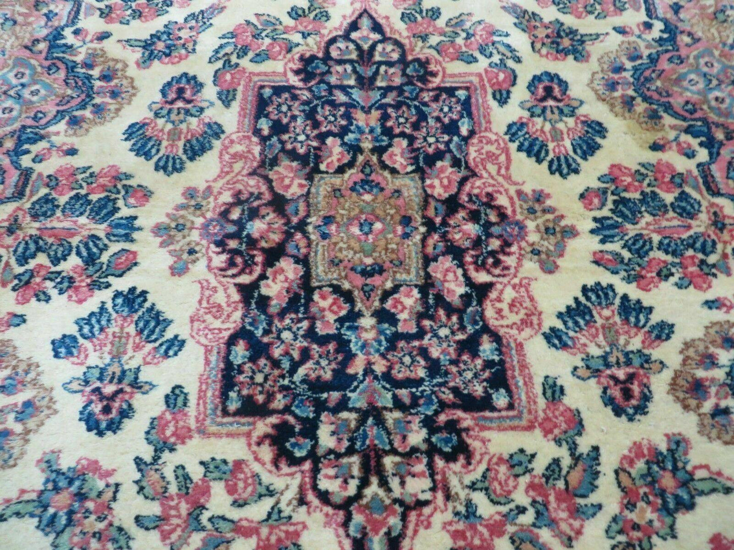 Antique Persian Kirman Rug 3.9 x 6.6, Floral Oriental Carpet, Ivory/Cream - Blue - Pink, Hand Knotted Wool Rug, Floral Medallion Rug 4x6 - Nuvé