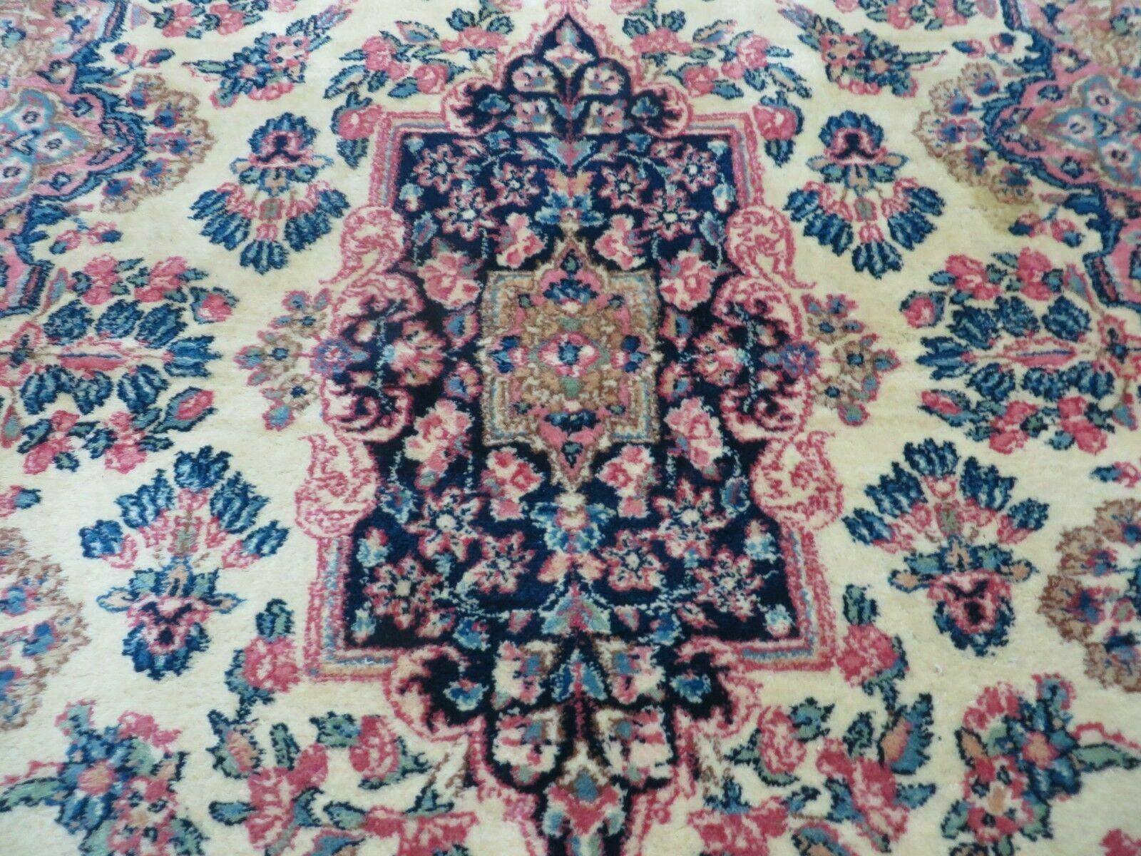 Antique Persian Kirman Rug 3.9 x 6.6, Floral Oriental Carpet, Ivory/Cream - Blue - Pink, Hand Knotted Wool Rug, Floral Medallion Rug 4x6 - Nuvé