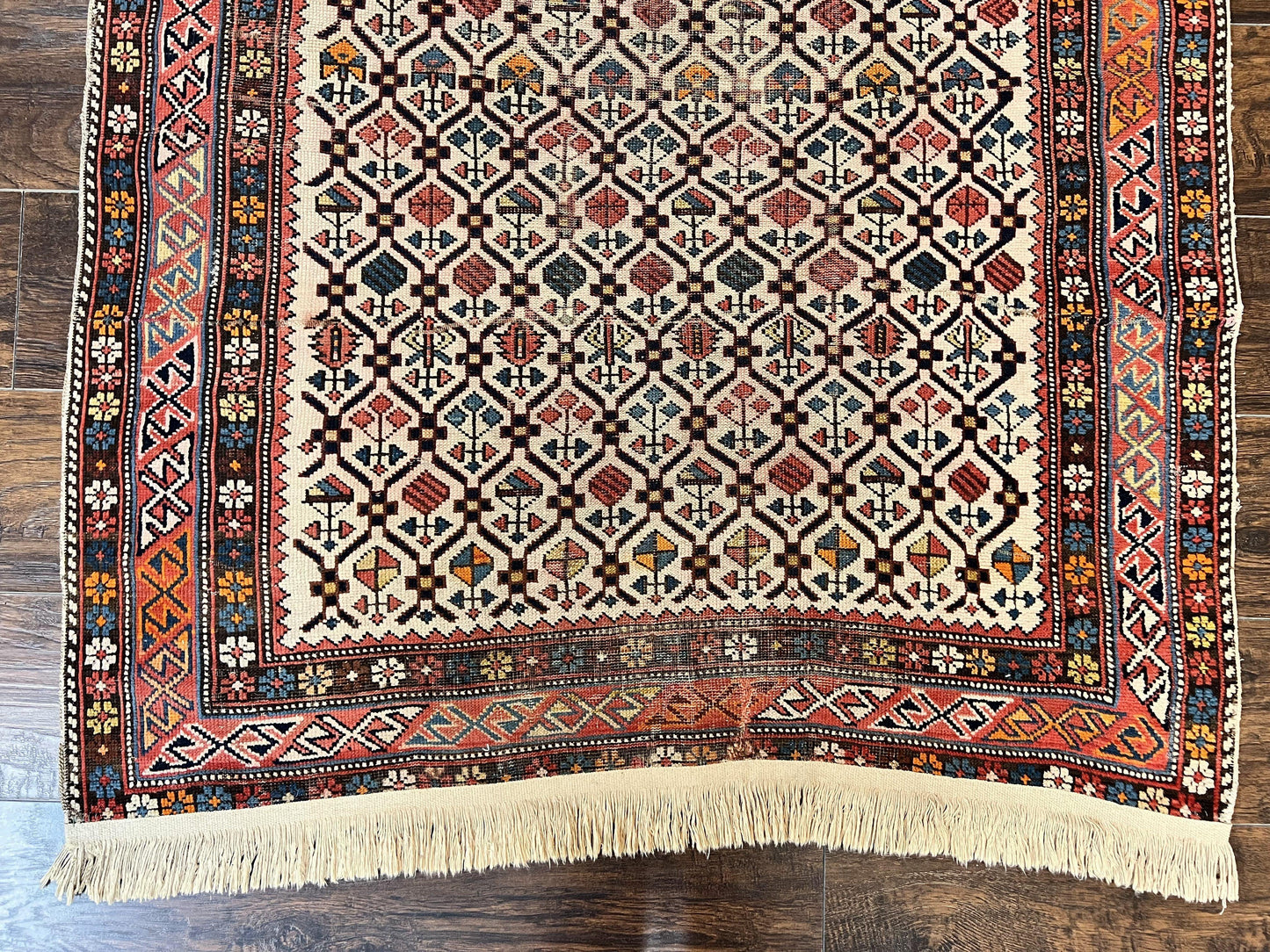 Antique Caucasian Rug 4x5, Hand Knotted Handmade Shirvan Oriental Carpet, Ivory Red Rug Allover Pattern, Rare Wool Rug, Tribal Geometric Rug - Nuvé