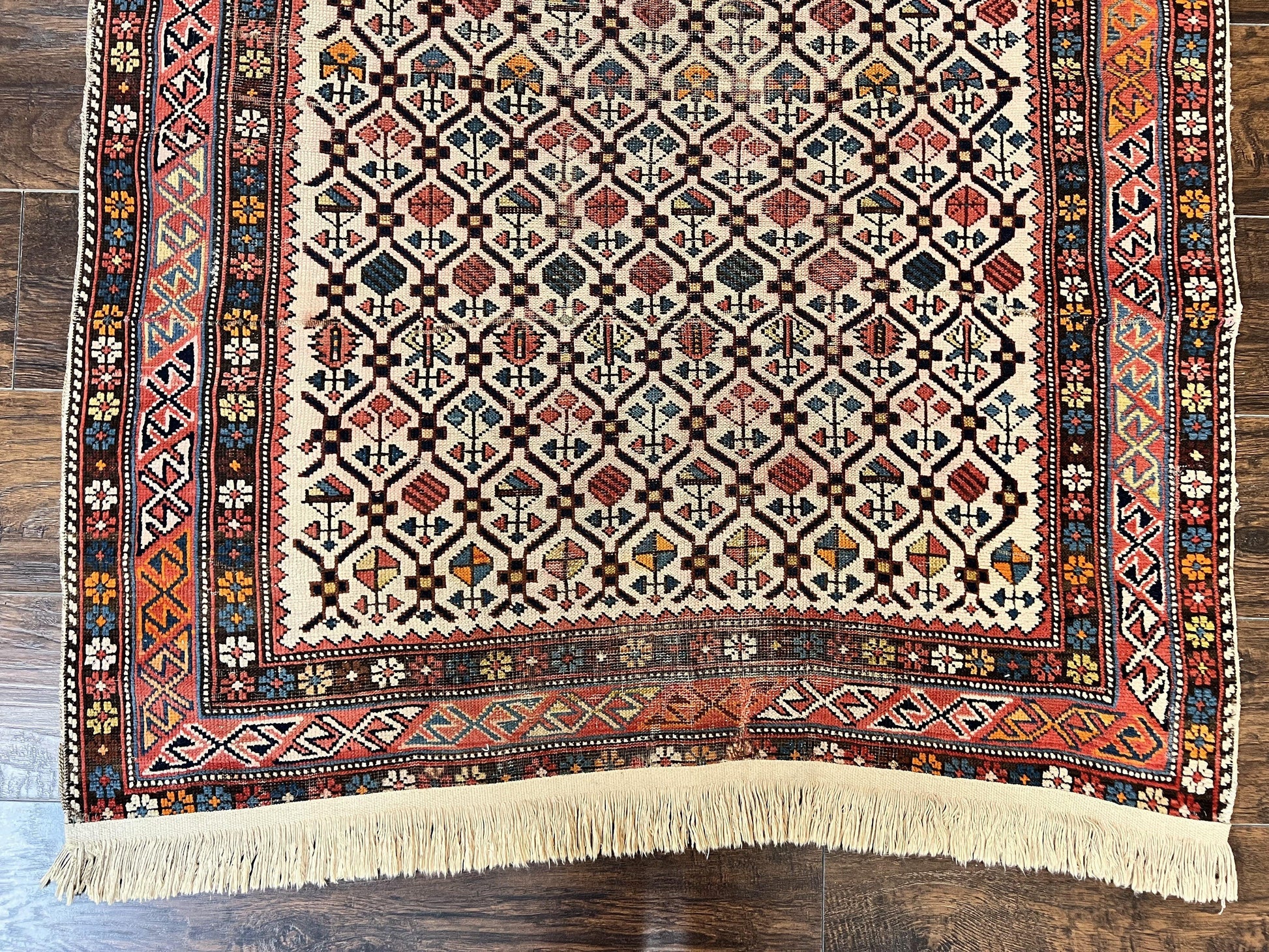 Antique Caucasian Rug 4x5, Hand Knotted Handmade Shirvan Oriental Carpet, Ivory Red Rug Allover Pattern, Rare Wool Rug, Tribal Geometric Rug - Nuvé