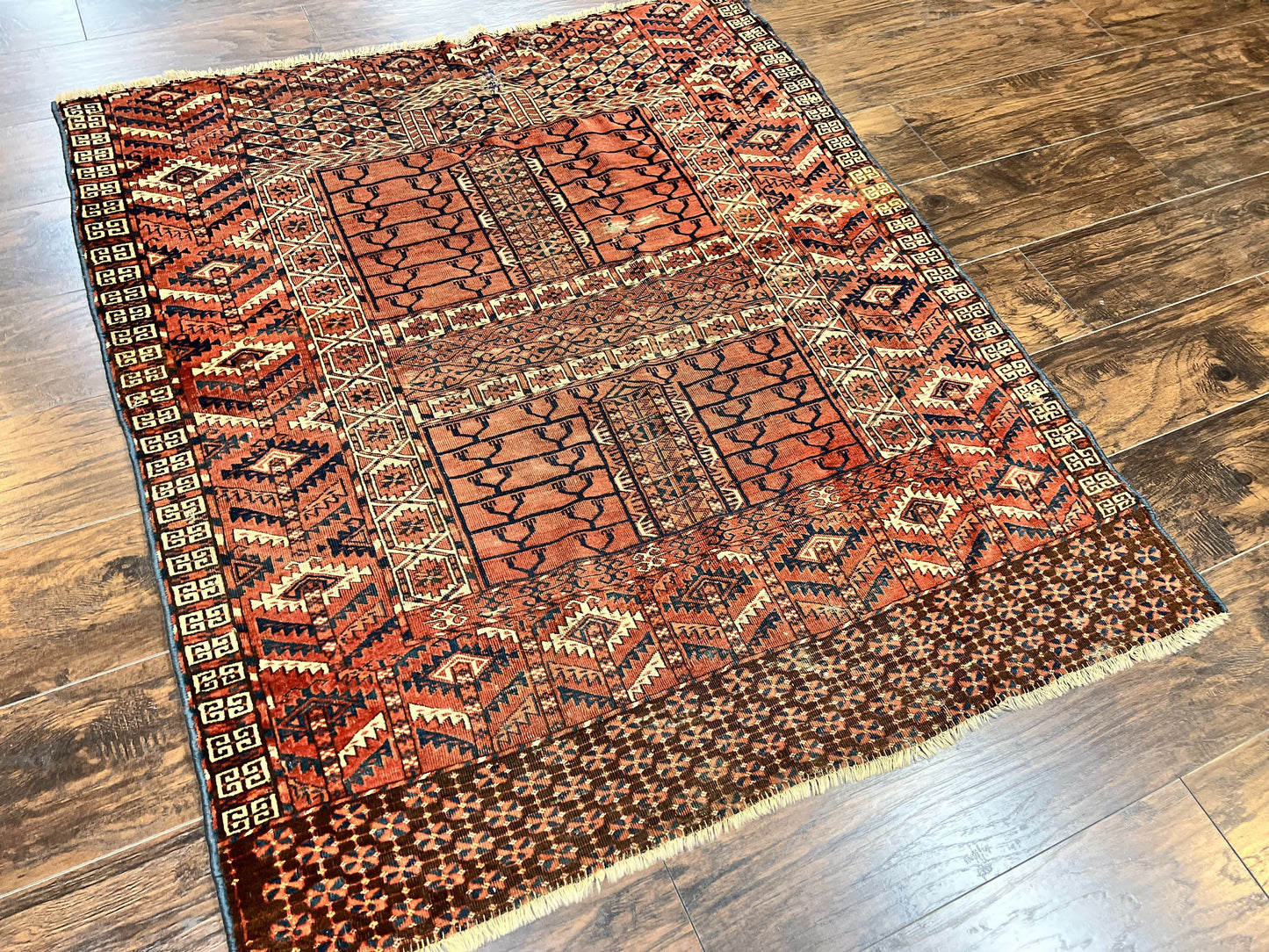 Antique Turkoman Rug 4x4, Hatchli Square Carpet, Wool Handmade Four Season Yamud Design Rug, Red Bohemian Tribal Rug, Engsi Tekkeh Rug - Nuvé