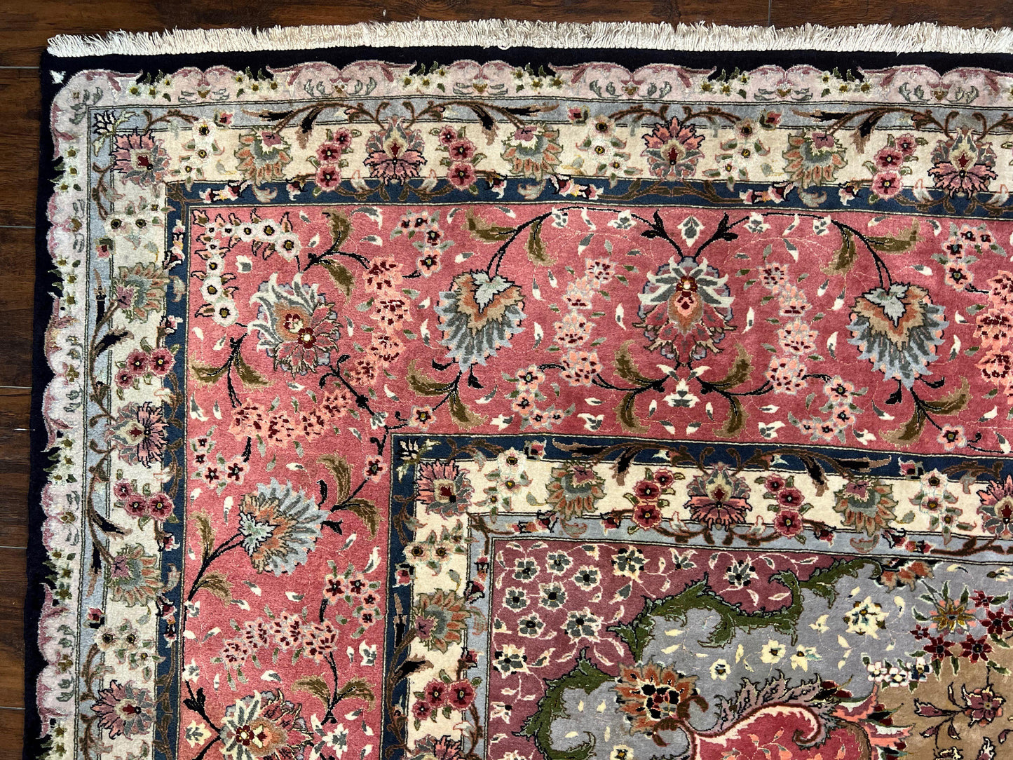 Magnificent Persian Tabriz Rug 11x16, Oversized Persian Carpet 11 x 16 ft, Wool on Silk Finely Hand Knotted, 450 KPSI, Floral Medallion, Black Pink - Nuvé
