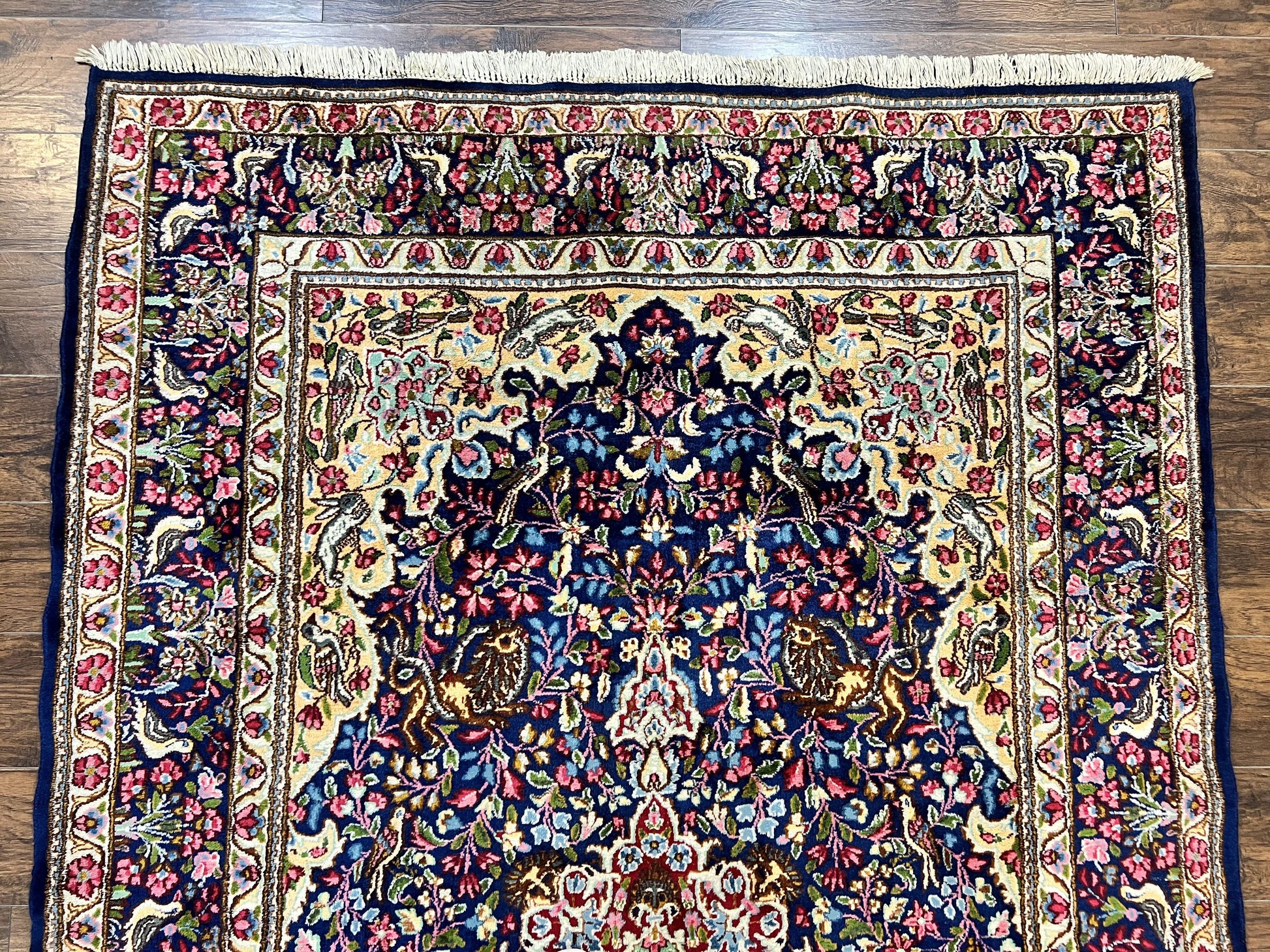 Persian Kirman Rug 6x9, Floral Medallion Vintage Wool Handmade Carpet 6 x 9, Animal Pictorials Birds, Semi Antique, Navy Blue, Millefleur - Nuvé