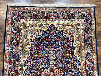 Persian Kirman Rug 6x9, Floral Medallion Vintage Wool Handmade Carpet 6 x 9, Animal Pictorials Birds, Semi Antique, Navy Blue, Millefleur - Nuvé
