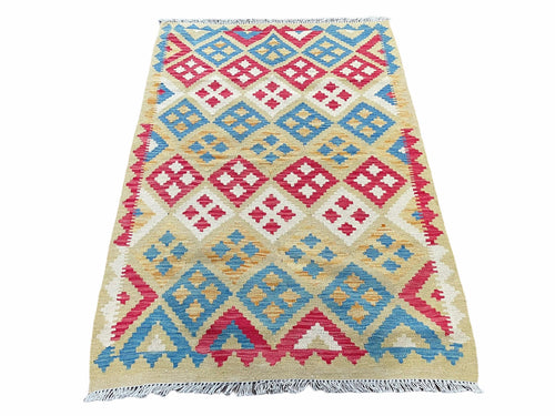 3x5 Kilim Rug Multicolor Tribal Kilim Rug 3 x 5 Tan Light Blue Red Beige New Turkish Anatolian Wool Kilim Flatweave Rug - Nuvé