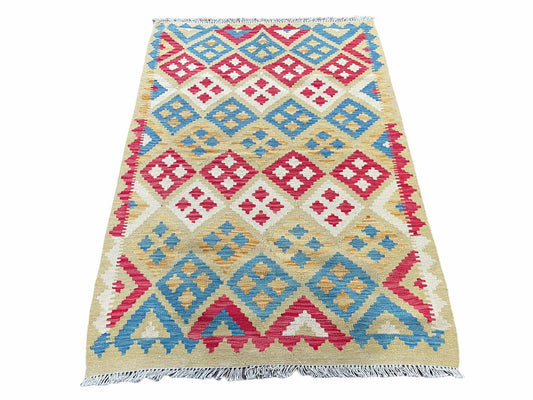 3x5 Kilim Rug Multicolor Tribal Kilim Rug 3 x 5 Tan Light Blue Red Beige New Turkish Anatolian Wool Kilim Flatweave Rug - Nuvé