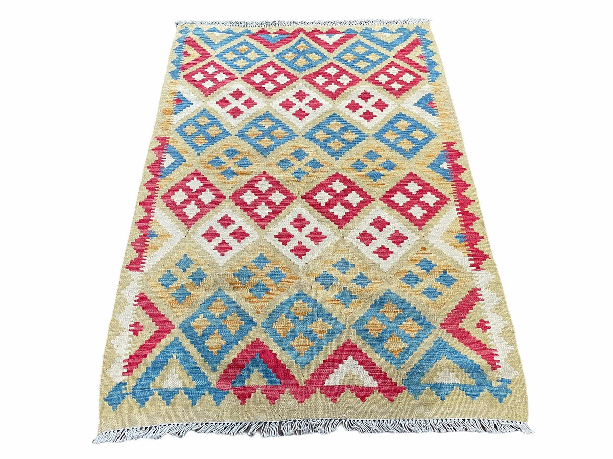 3x5 Kilim Rug Multicolor Tribal Kilim Rug 3 x 5 Tan Light Blue Red Beige New Turkish Anatolian Wool Kilim Flatweave Rug