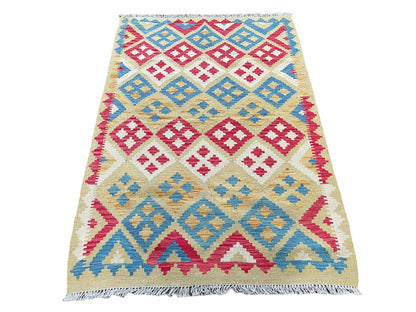 3x5 Kilim Rug Multicolor Tribal Kilim Rug 3 x 5 Tan Light Blue Red Beige New Turkish Anatolian Wool Kilim Flatweave Rug