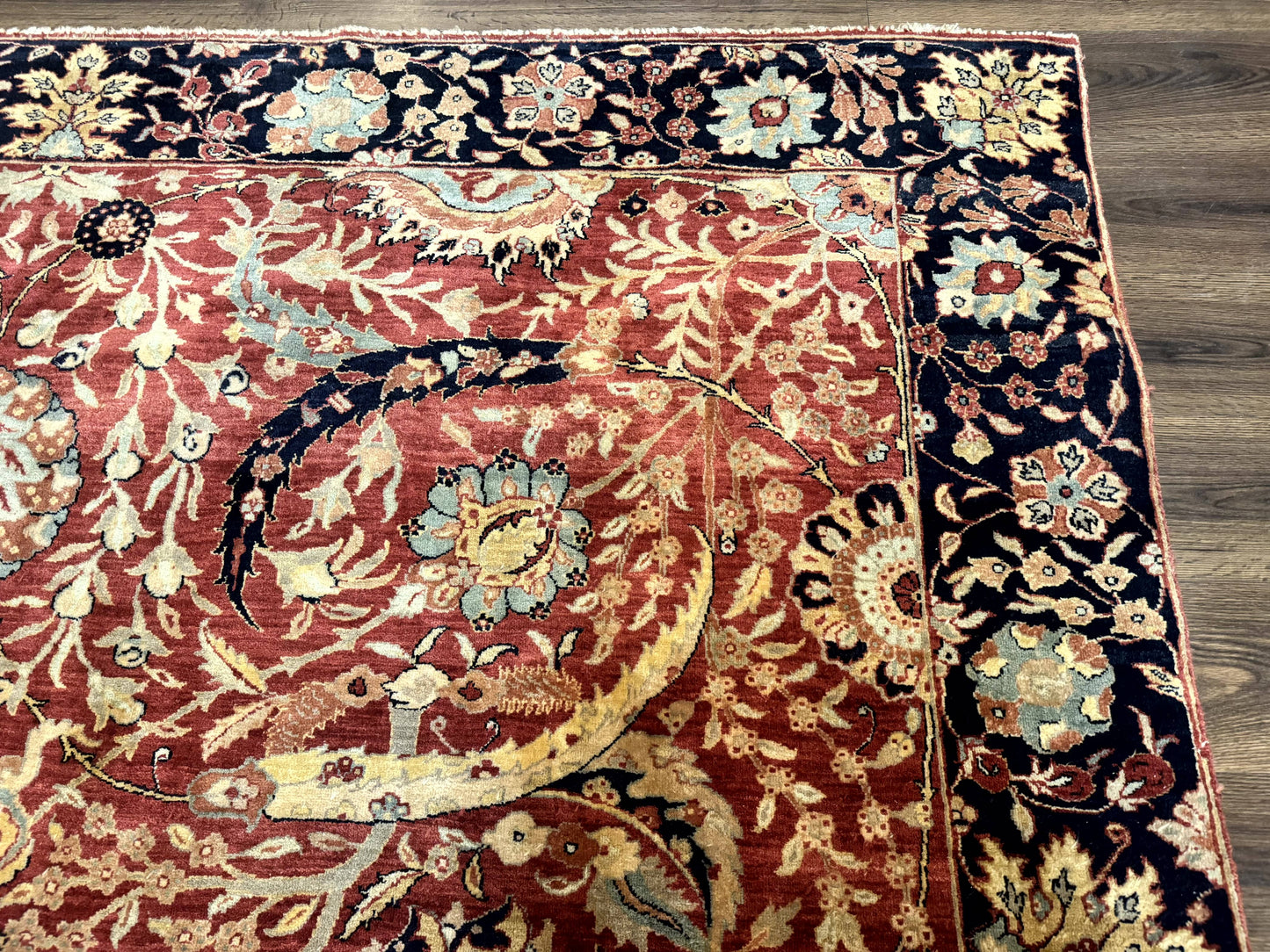 Indian Agra Rug 9x11, Terracotta and Navy Blue, Sickle Leaf Rug - Nuvé