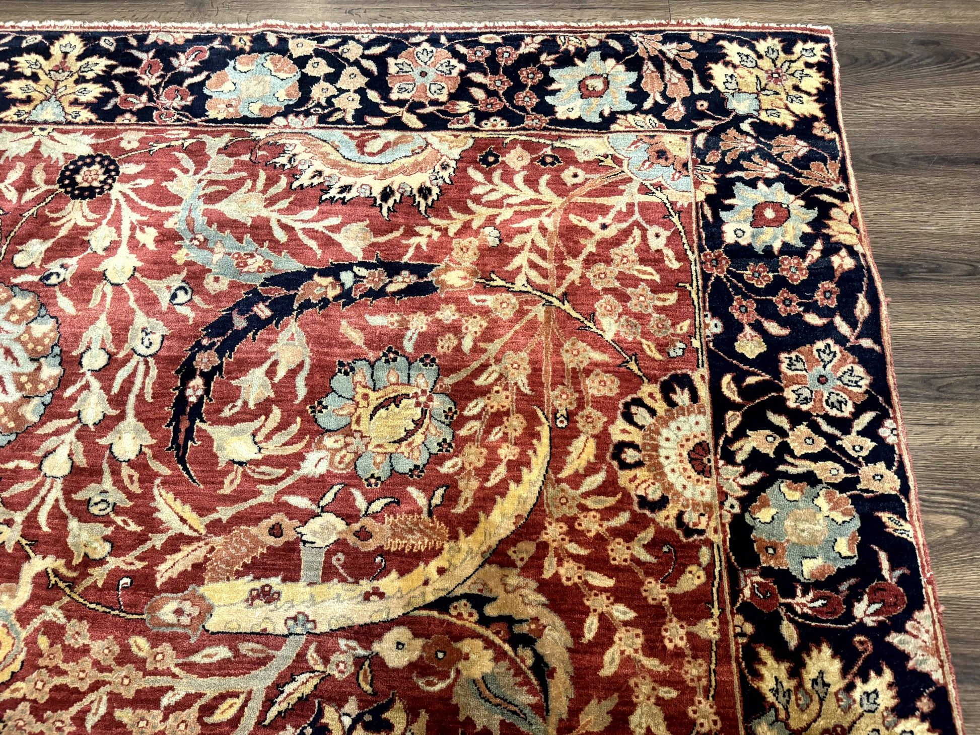 Indian Agra Rug 9x11, Terracotta and Navy Blue, Sickle Leaf Rug - Nuvé
