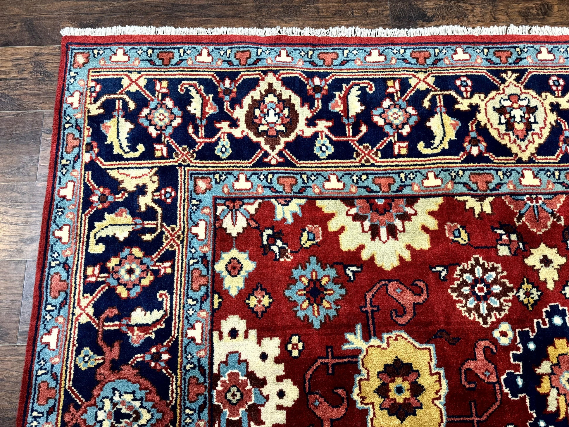 Indo Heriz Rug 8x10, Red and Navy Blue, Allover Pattern, Wool Handmade Carpet - Nuvé